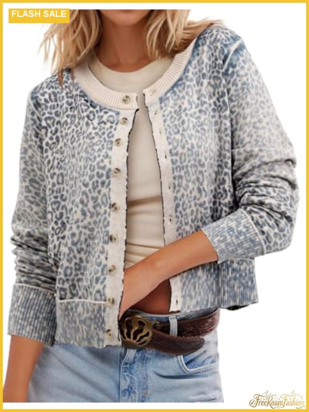 Cropped Leopard Cardigan Button Up Soft Knit Sweater